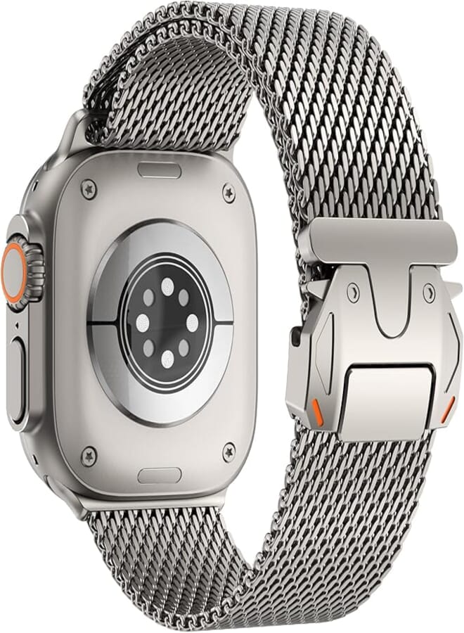 WINGLE Milanese Mesh Loop for Apple Watch Band Ultra 2 Band 49mm 46mm 45mm 44mm Men Women, Designer Parachute-Style Buckle Stainless Steel Metal Mesh Loop for iWatch Ultra Series SE 10 9 8 7 6 5 4 3
